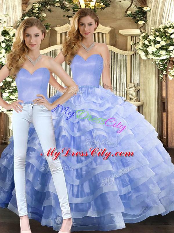 Free and Easy Floor Length Two Pieces Sleeveless Lavender 15 Quinceanera Dress Lace Up