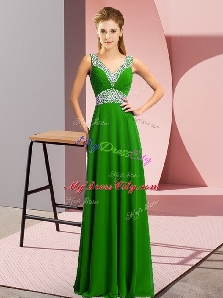 Chiffon V-neck Sleeveless Lace Up Beading Evening Dress in Green