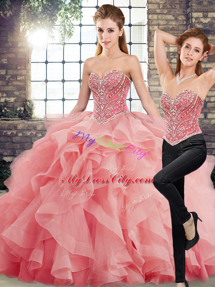 Delicate Watermelon Red Quince Ball Gowns Military Ball and Sweet 16 and Quinceanera with Beading and Ruffles Sweetheart Sleeveless Brush Train Lace Up