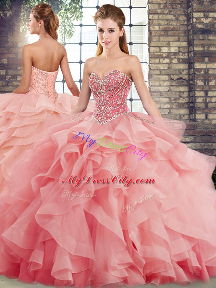 Delicate Watermelon Red Quince Ball Gowns Military Ball and Sweet 16 and Quinceanera with Beading and Ruffles Sweetheart Sleeveless Brush Train Lace Up