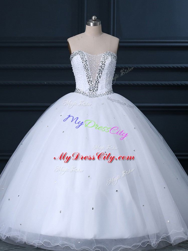 Sleeveless Tulle Brush Train Lace Up Wedding Dresses in White with Beading