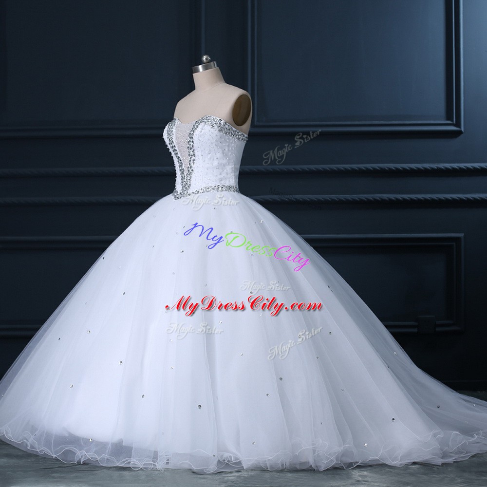 Sleeveless Tulle Brush Train Lace Up Wedding Dresses in White with Beading