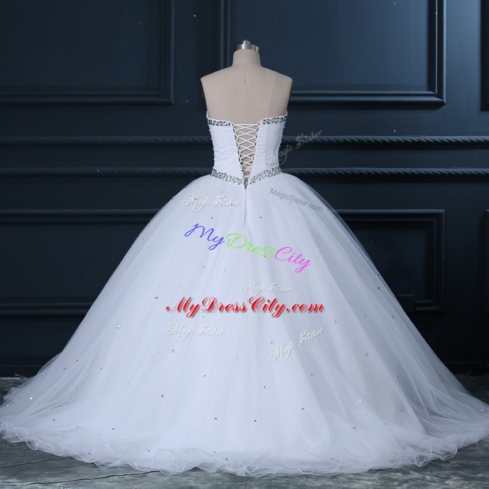 Sleeveless Tulle Brush Train Lace Up Wedding Dresses in White with Beading