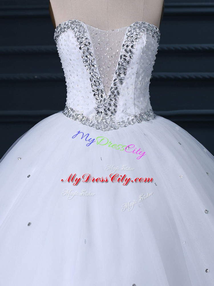 Sleeveless Tulle Brush Train Lace Up Wedding Dresses in White with Beading