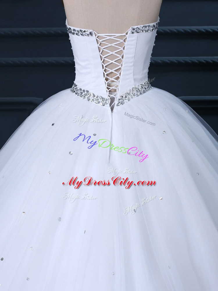 Sleeveless Tulle Brush Train Lace Up Wedding Dresses in White with Beading