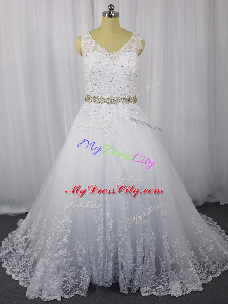 Dazzling White Sleeveless Beading and Lace Zipper Wedding Gowns