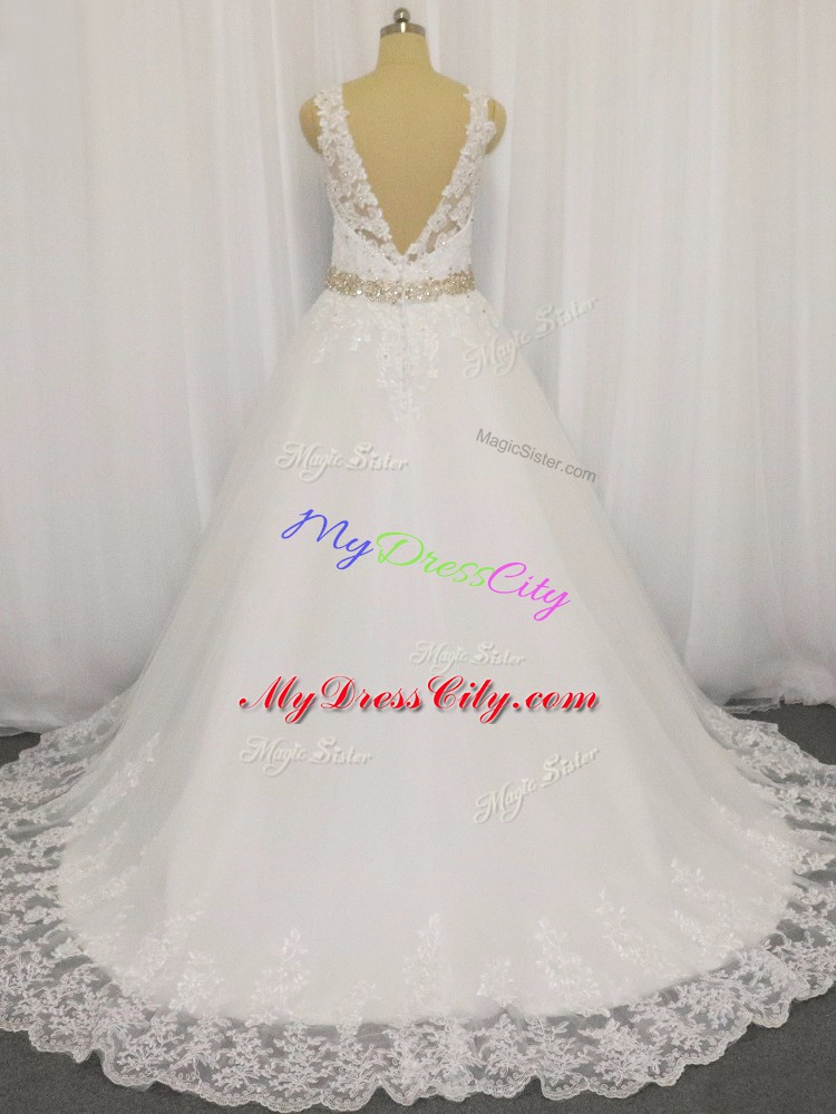 Dazzling White Sleeveless Beading and Lace Zipper Wedding Gowns