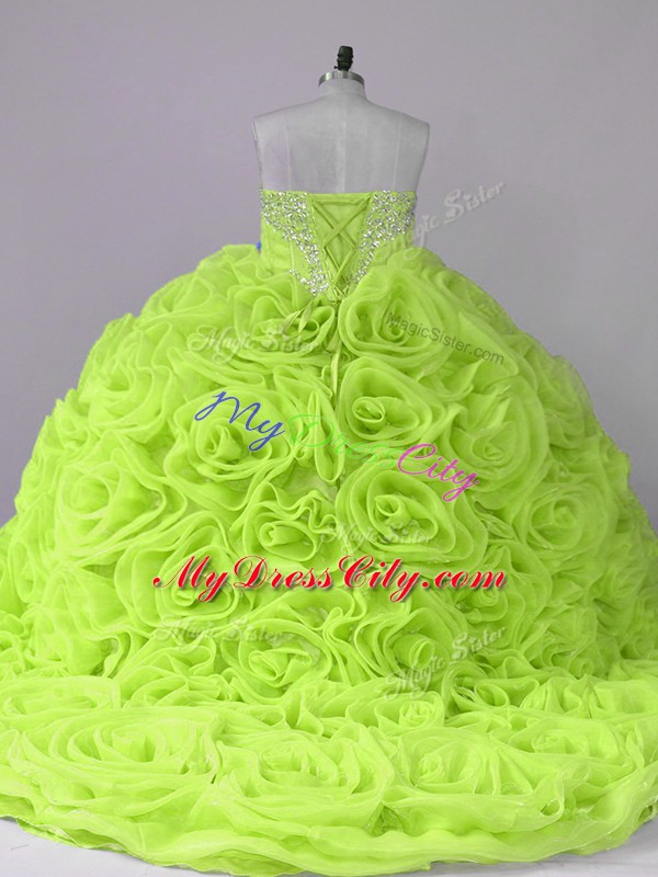 High End Fabric With Rolling Flowers Sleeveless Quince Ball Gowns Brush Train and Beading