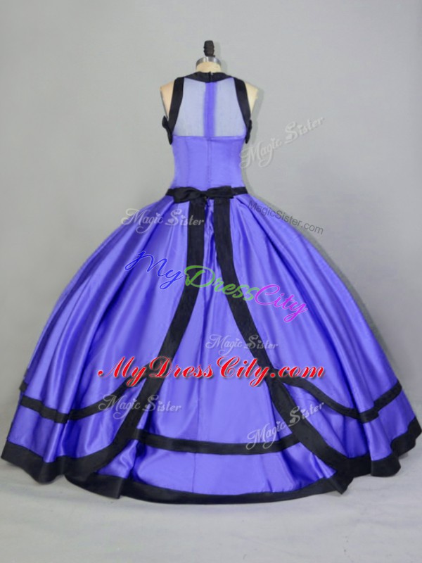 Floor Length Purple 15th Birthday Dress Satin Sleeveless Ruching