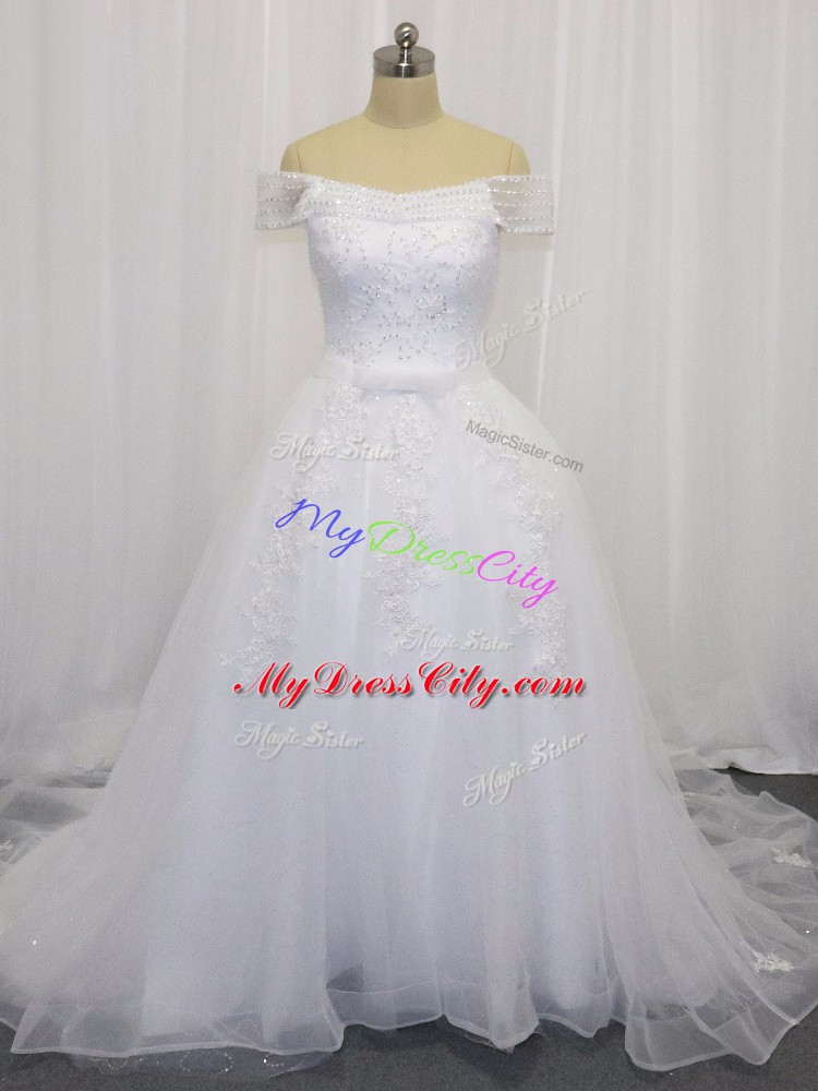 White Ball Gowns Tulle Off The Shoulder Sleeveless Beading and Lace and Belt Lace Up Wedding Gowns Court Train