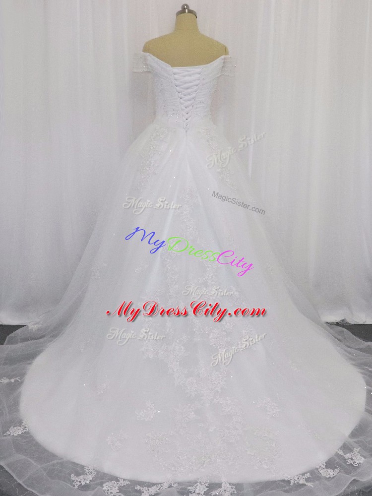 White Ball Gowns Tulle Off The Shoulder Sleeveless Beading and Lace and Belt Lace Up Wedding Gowns Court Train