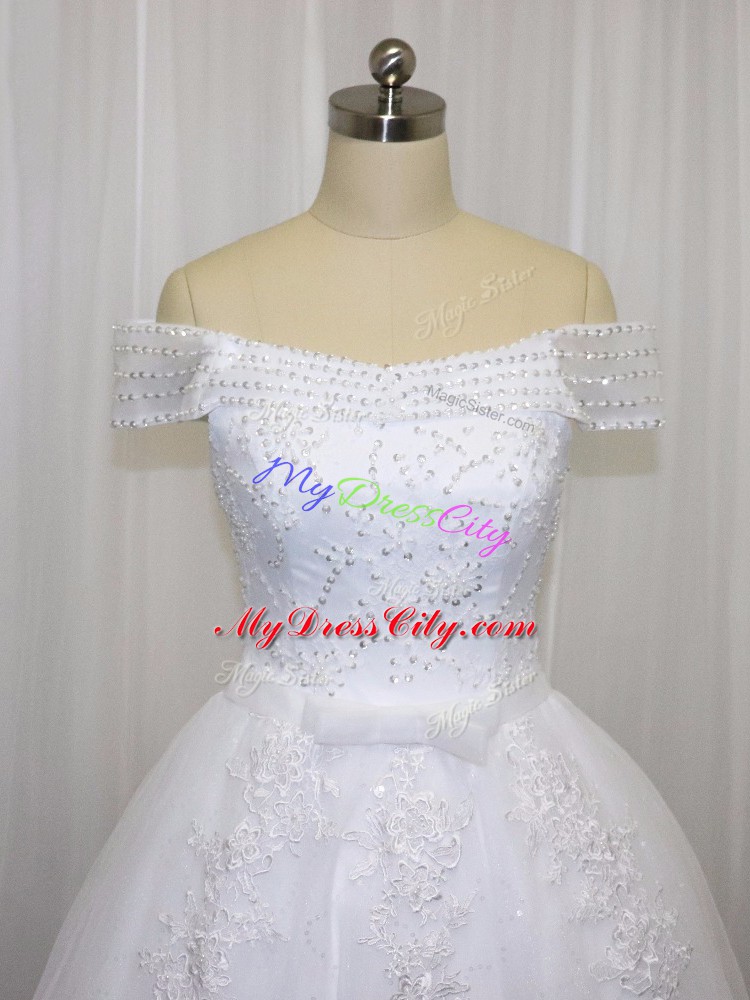 White Ball Gowns Tulle Off The Shoulder Sleeveless Beading and Lace and Belt Lace Up Wedding Gowns Court Train