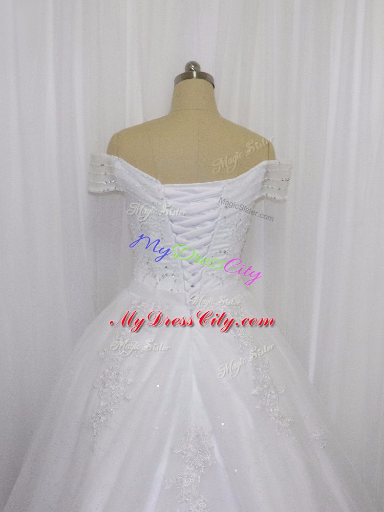 White Ball Gowns Tulle Off The Shoulder Sleeveless Beading and Lace and Belt Lace Up Wedding Gowns Court Train