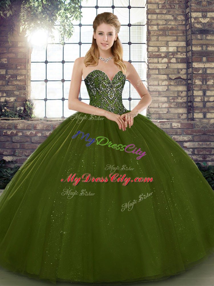 Clearance Floor Length Olive Green 15th Birthday Dress Tulle Sleeveless Beading