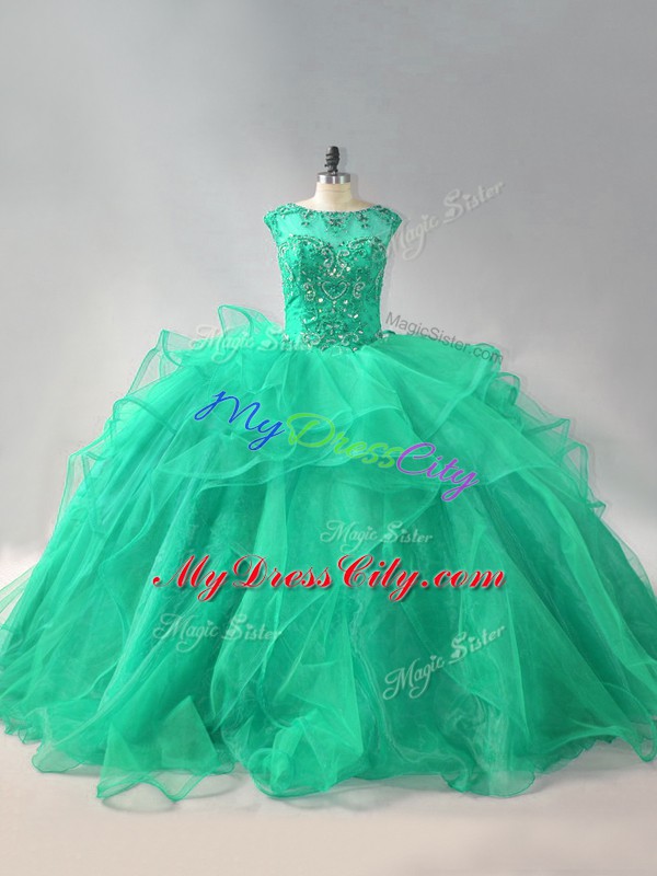 Customized Turquoise Quinceanera Dresses Sweet 16 and Quinceanera with Beading and Ruffles Scoop Sleeveless Lace Up