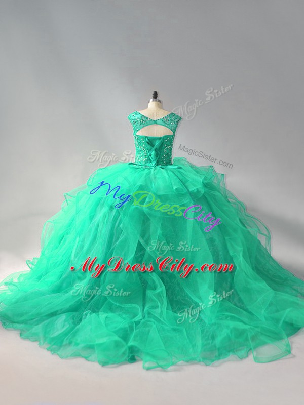 Customized Turquoise Quinceanera Dresses Sweet 16 and Quinceanera with Beading and Ruffles Scoop Sleeveless Lace Up