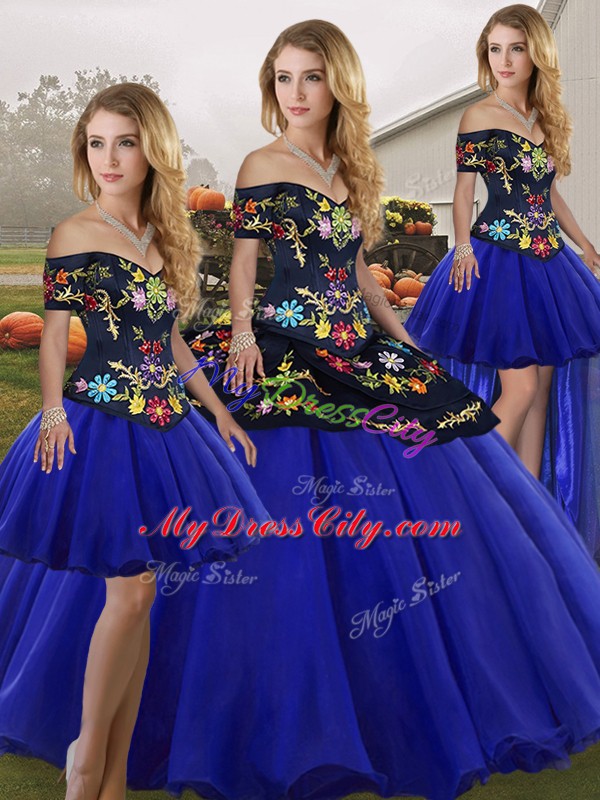 Nice Royal Blue Sweet 16 Dresses Military Ball and Sweet 16 and Quinceanera with Embroidery Off The Shoulder Sleeveless Lace Up