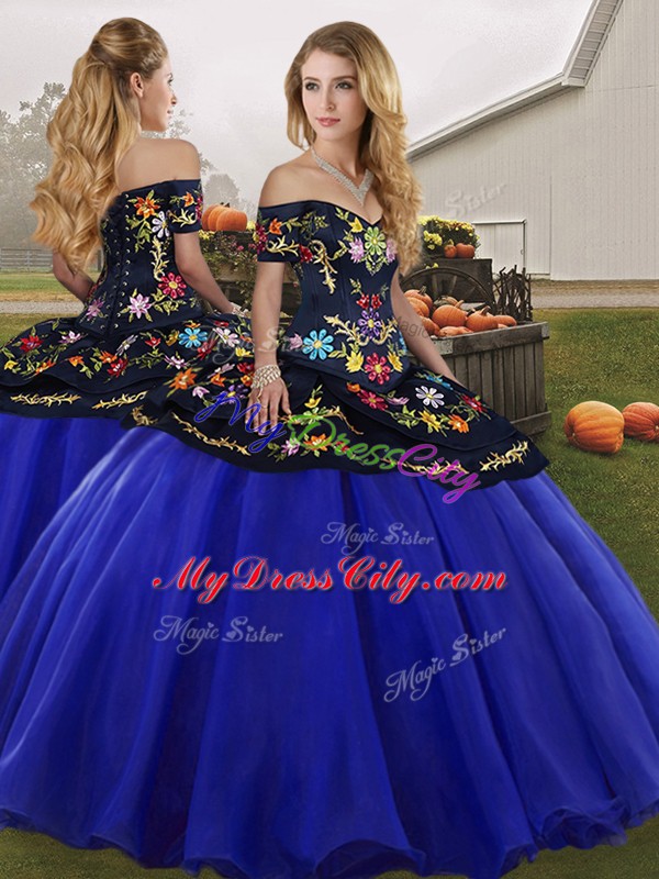 Nice Royal Blue Sweet 16 Dresses Military Ball and Sweet 16 and Quinceanera with Embroidery Off The Shoulder Sleeveless Lace Up