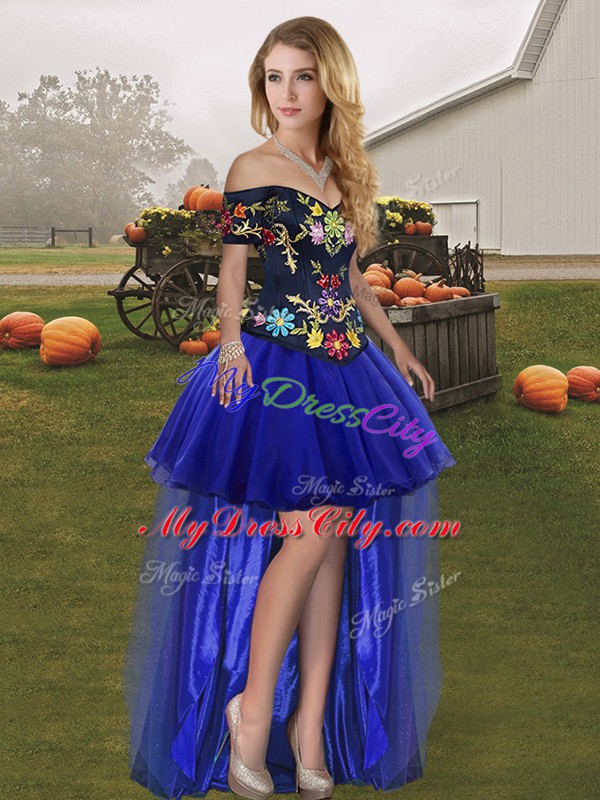 Nice Royal Blue Sweet 16 Dresses Military Ball and Sweet 16 and Quinceanera with Embroidery Off The Shoulder Sleeveless Lace Up