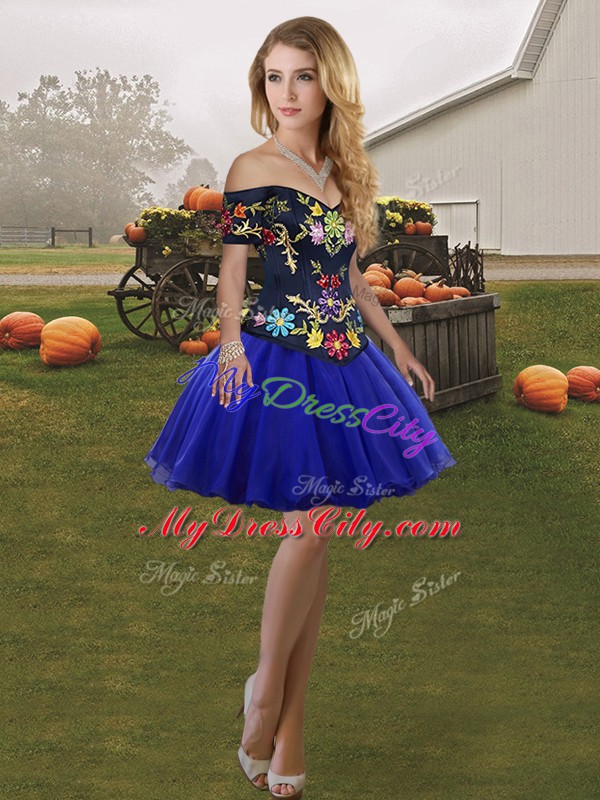 Nice Royal Blue Sweet 16 Dresses Military Ball and Sweet 16 and Quinceanera with Embroidery Off The Shoulder Sleeveless Lace Up