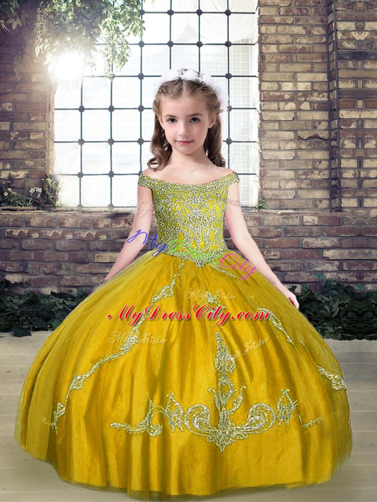 Olive Green Ball Gowns Off The Shoulder Sleeveless Tulle Floor Length Lace Up Beading Little Girls Pageant Dress