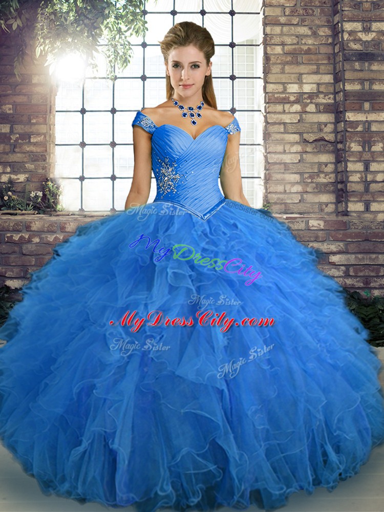 Hot Selling Sleeveless Beading and Ruffles Lace Up Quince Ball Gowns