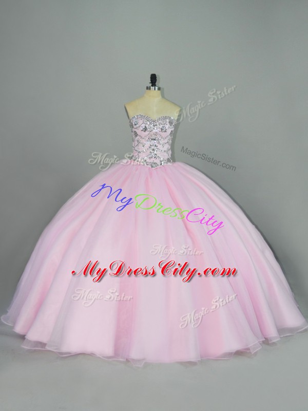 Suitable Baby Pink Sweetheart Lace Up Beading Quinceanera Gown Sleeveless