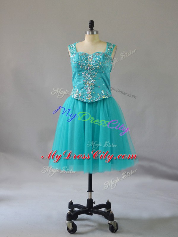 Turquoise Prom and Party with Beading Straps Sleeveless Zipper