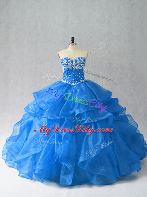 Blue Organza Lace Up 15 Quinceanera Dress Sleeveless Floor Length Beading and Ruffles