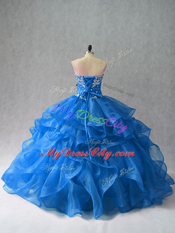 Blue Organza Lace Up 15 Quinceanera Dress Sleeveless Floor Length Beading and Ruffles