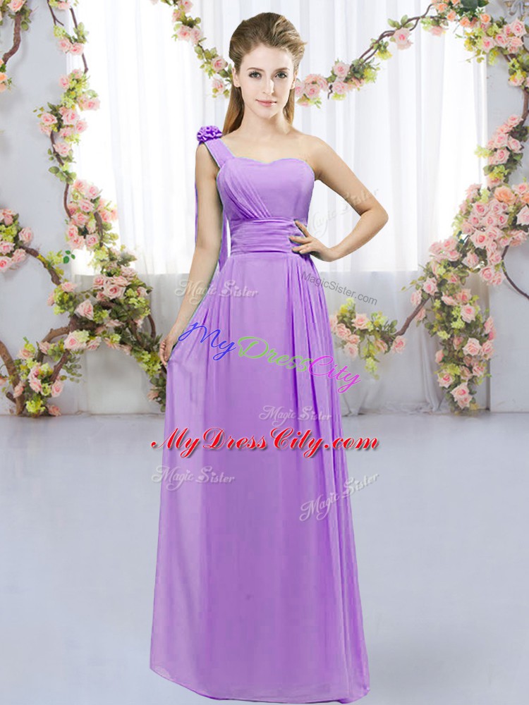 Dynamic Sleeveless Floor Length Hand Made Flower Lace Up Quinceanera Dama Dress with Lavender