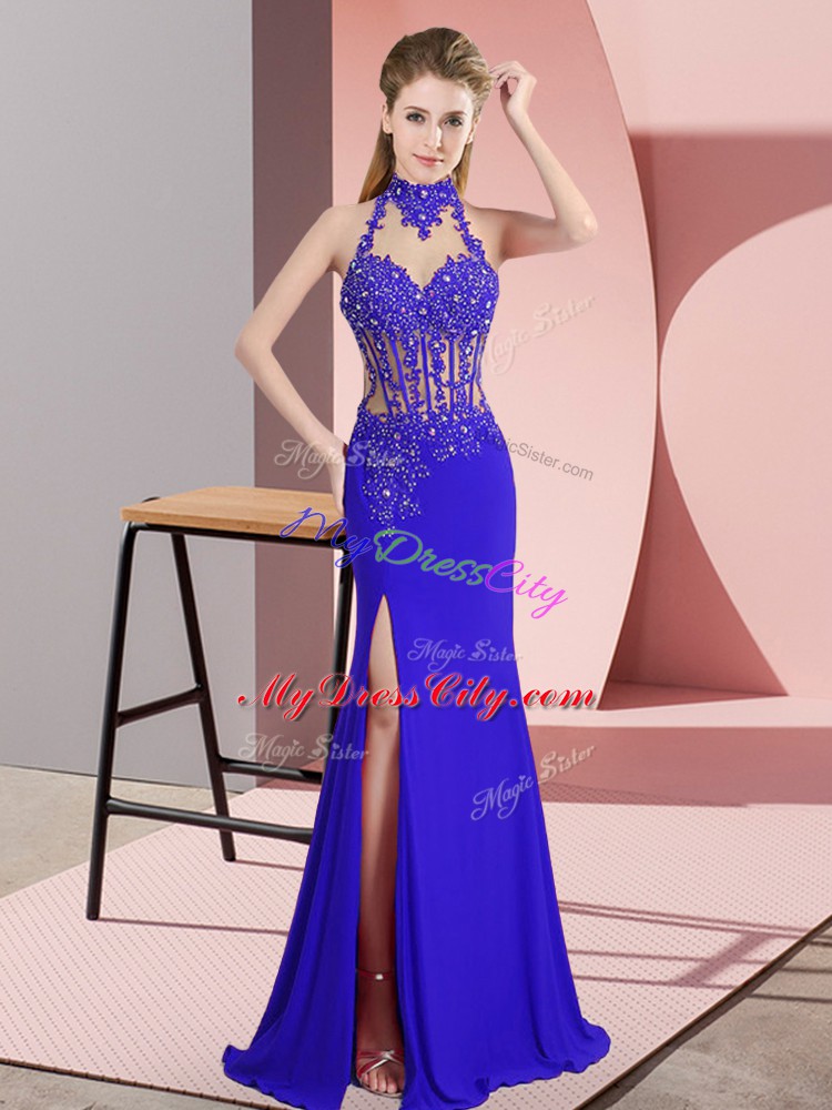 Exceptional Lace and Appliques Dress for Prom Royal Blue Backless Sleeveless Floor Length