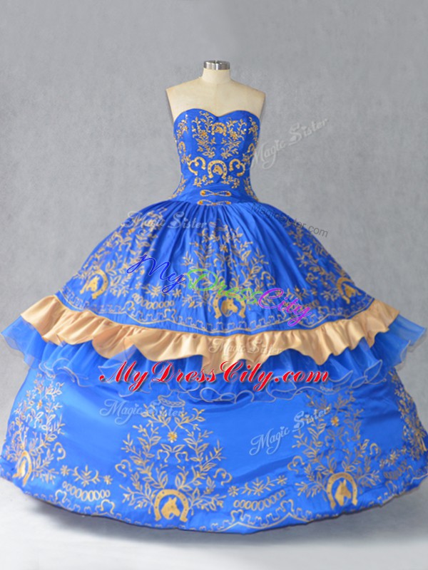 Hot Selling Blue Ball Gowns Satin and Organza Sweetheart Sleeveless Embroidery and Bowknot Floor Length Lace Up Vestidos de Quinceanera