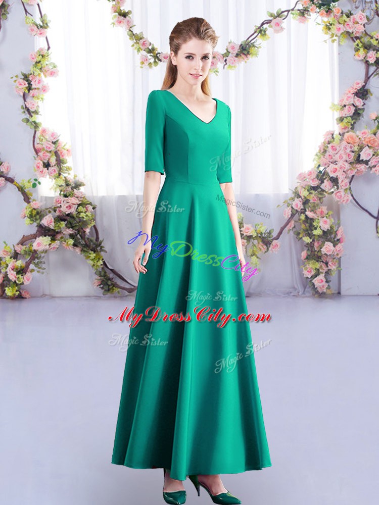 Turquoise Zipper V-neck Ruching Quinceanera Dama Dress Satin Half Sleeves