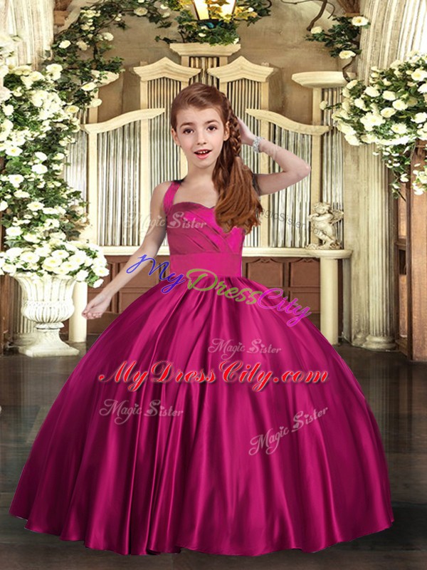 Fuchsia Lace Up Little Girls Pageant Dress Wholesale Ruching Sleeveless Floor Length