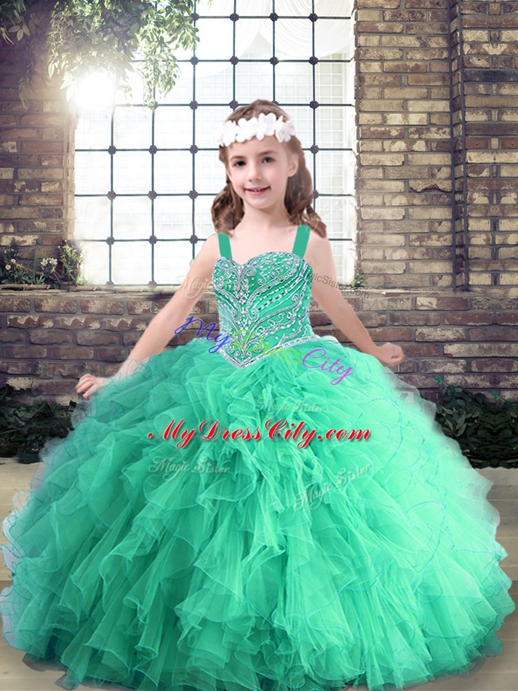 Turquoise Pageant Dresses Party and Wedding Party with Beading and Ruffles Straps Sleeveless Lace Up