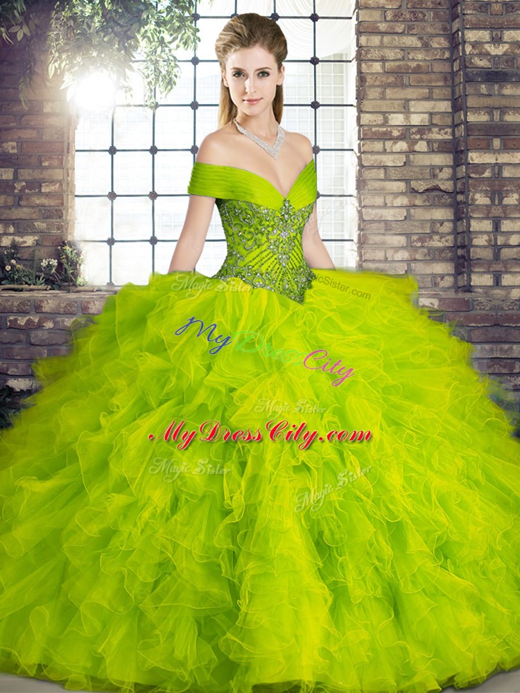 Olive Green Off The Shoulder Lace Up Beading and Ruffles Quinceanera Dress Sleeveless