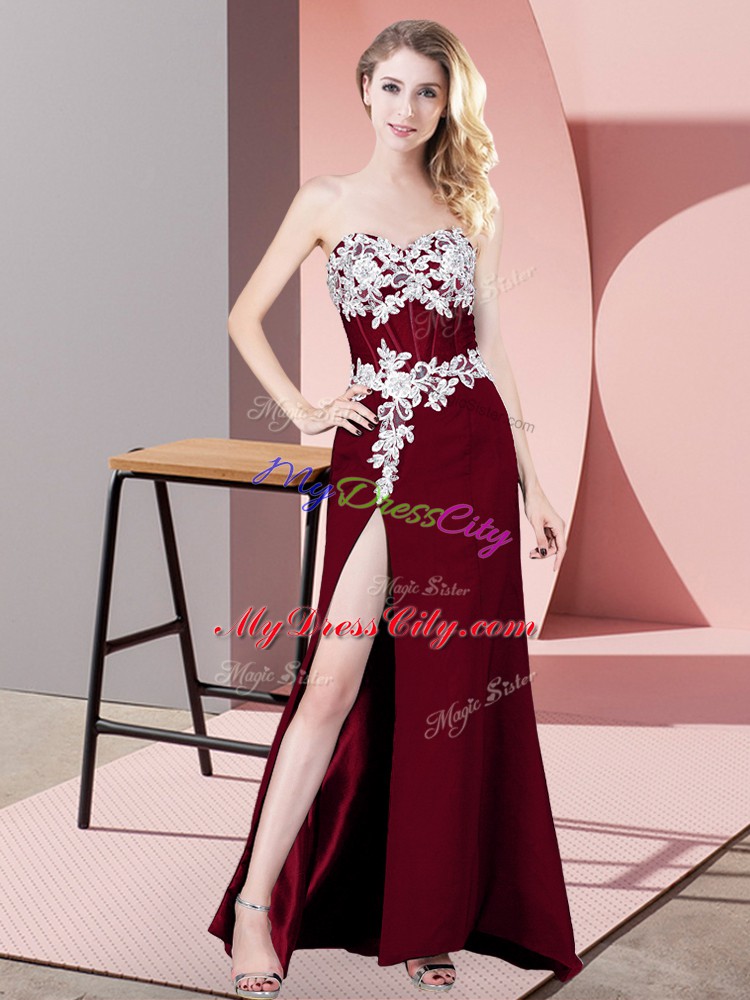 Hot Selling Burgundy Chiffon Zipper Sweetheart Sleeveless Floor Length Prom Party Dress Lace and Appliques