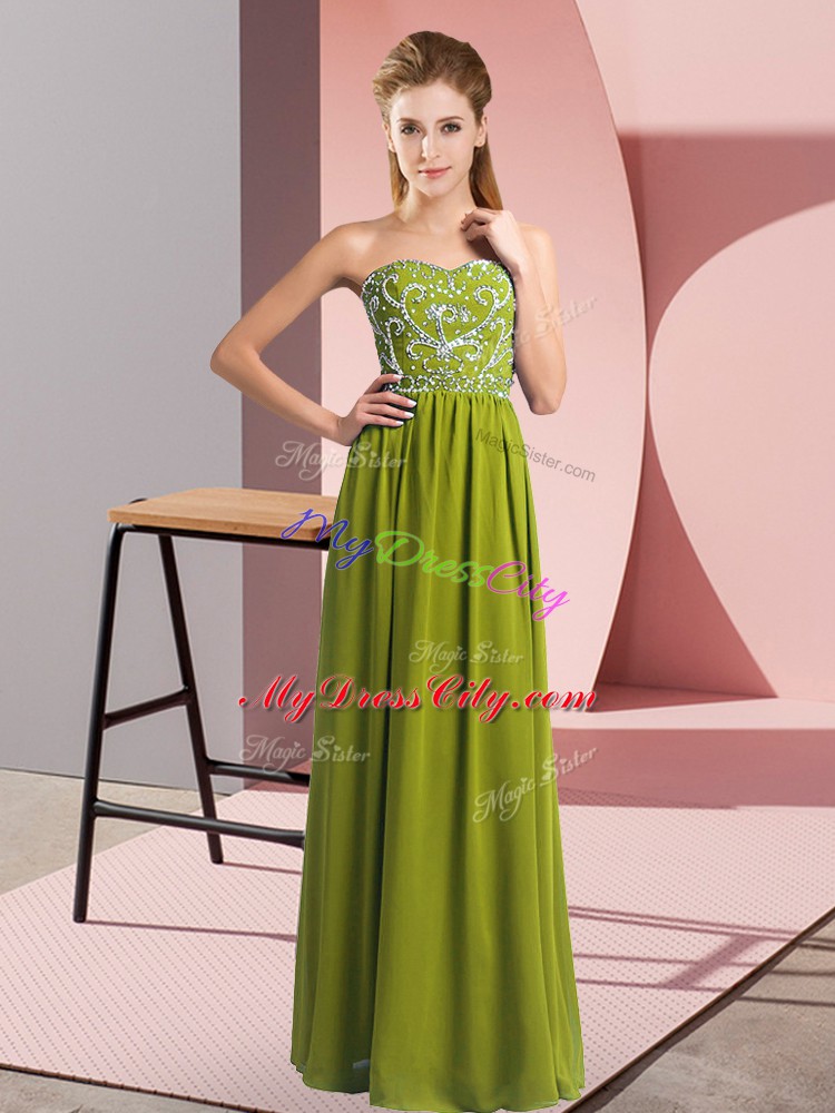 Fitting Olive Green Empire Sweetheart Sleeveless Chiffon Floor Length Lace Up Beading Evening Dress