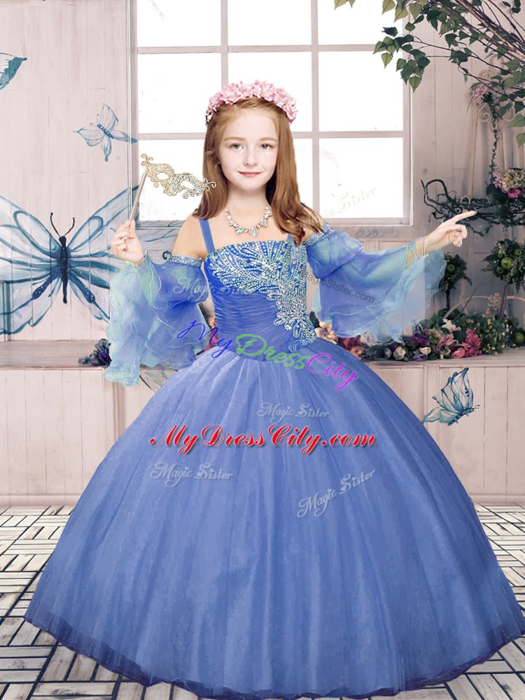 Floor Length Purple Little Girls Pageant Dress Wholesale Tulle Sleeveless Beading