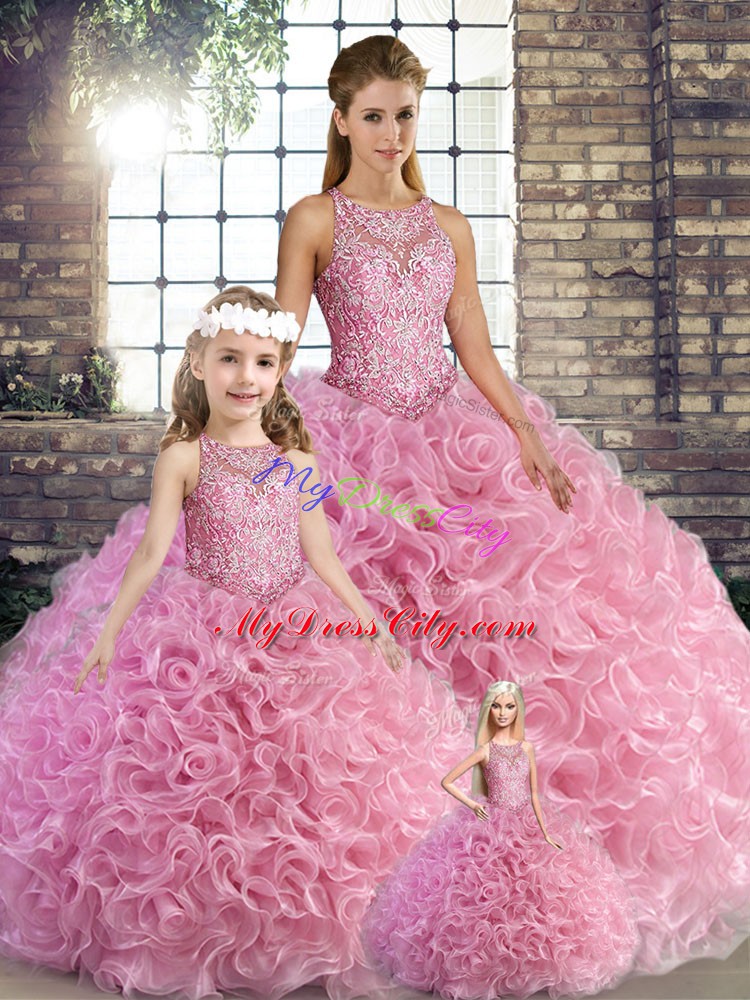 Delicate Rose Pink Sleeveless Beading Floor Length Quince Ball Gowns