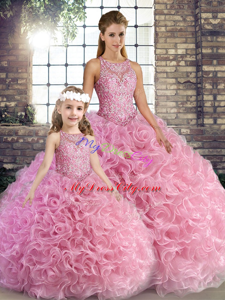 Delicate Rose Pink Sleeveless Beading Floor Length Quince Ball Gowns