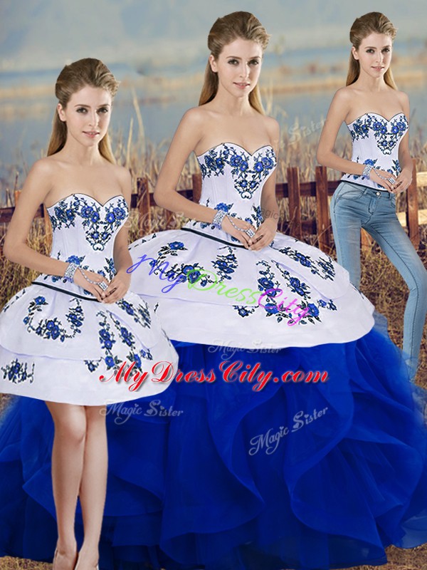 Sophisticated Three Pieces 15 Quinceanera Dress Royal Blue Sweetheart Tulle Sleeveless Floor Length Lace Up