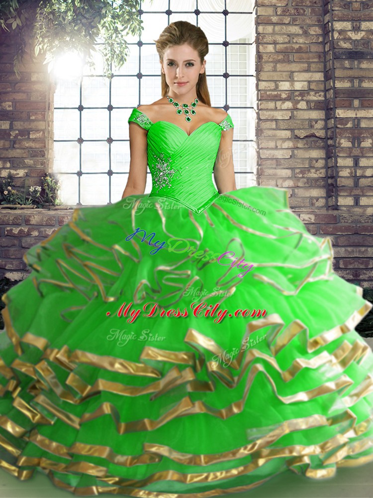 Perfect Green Sleeveless Beading and Ruffled Layers Floor Length Sweet 16 Dresses