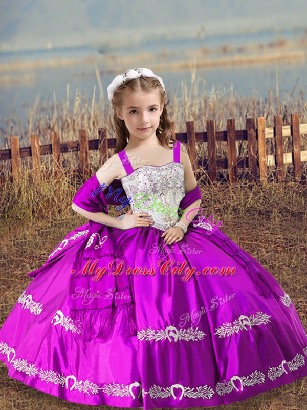 Fuchsia Lace Up Pageant Dress for Girls Beading and Embroidery Sleeveless Floor Length