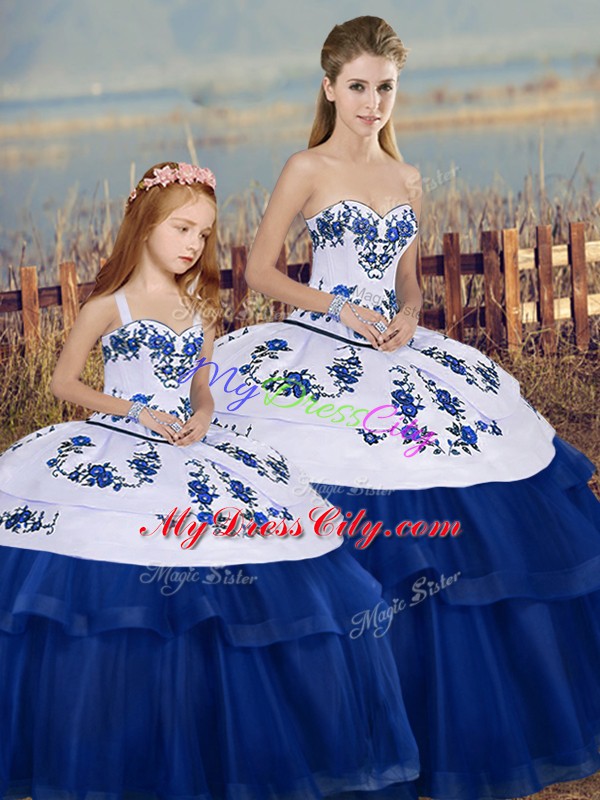 Great Embroidery and Bowknot Quinceanera Gown Royal Blue Lace Up Sleeveless Floor Length