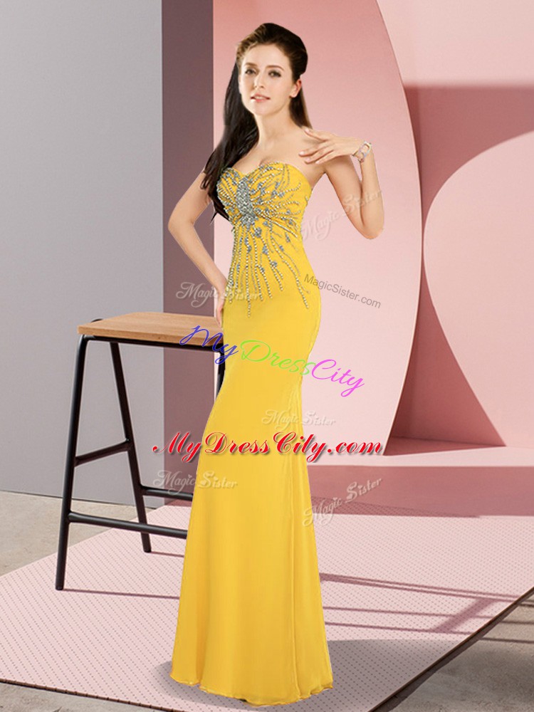 Sweetheart Sleeveless Womens Evening Dresses Floor Length Beading Gold Chiffon