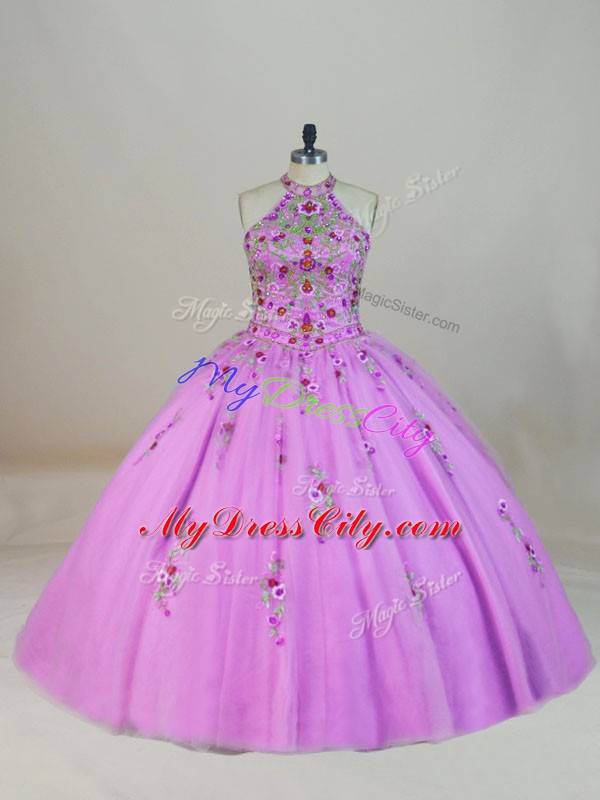 Lilac Halter Top Lace Up Appliques and Embroidery 15th Birthday Dress Brush Train Sleeveless