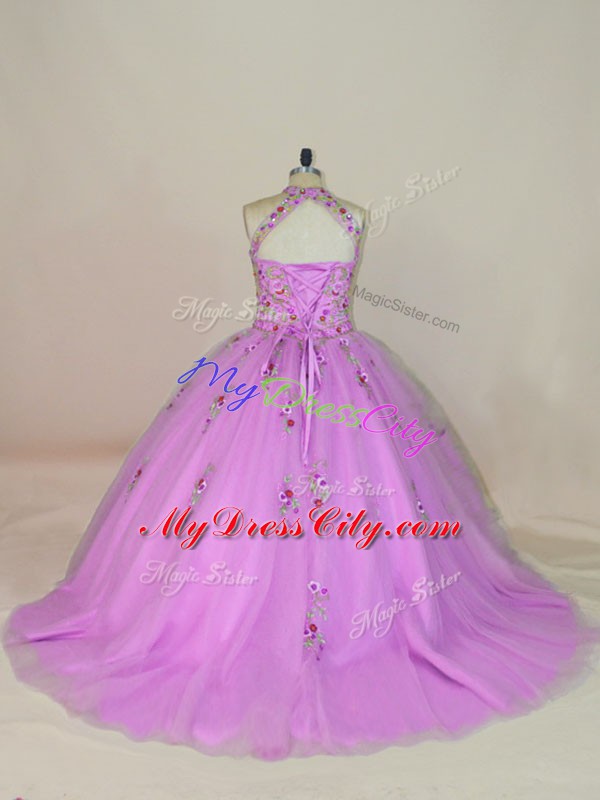 Lilac Halter Top Lace Up Appliques and Embroidery 15th Birthday Dress Brush Train Sleeveless