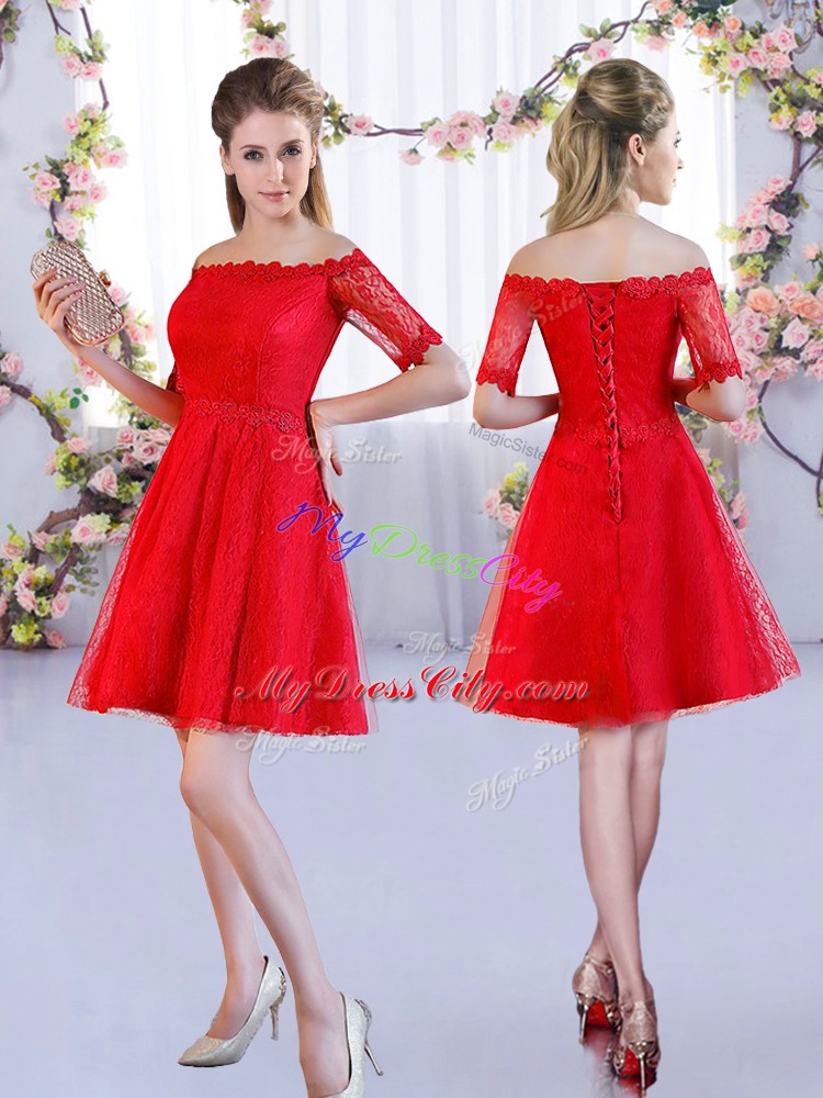 Noble Red Half Sleeves Lace Mini Length Bridesmaid Dress